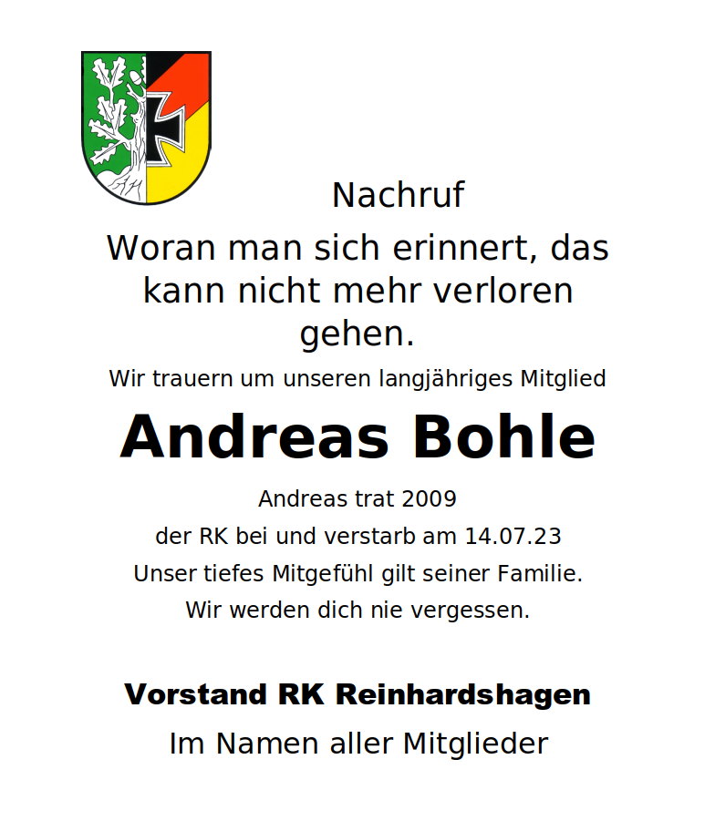 Wir trauern um unseren verstorbenen Kameraden Andreas Bohle