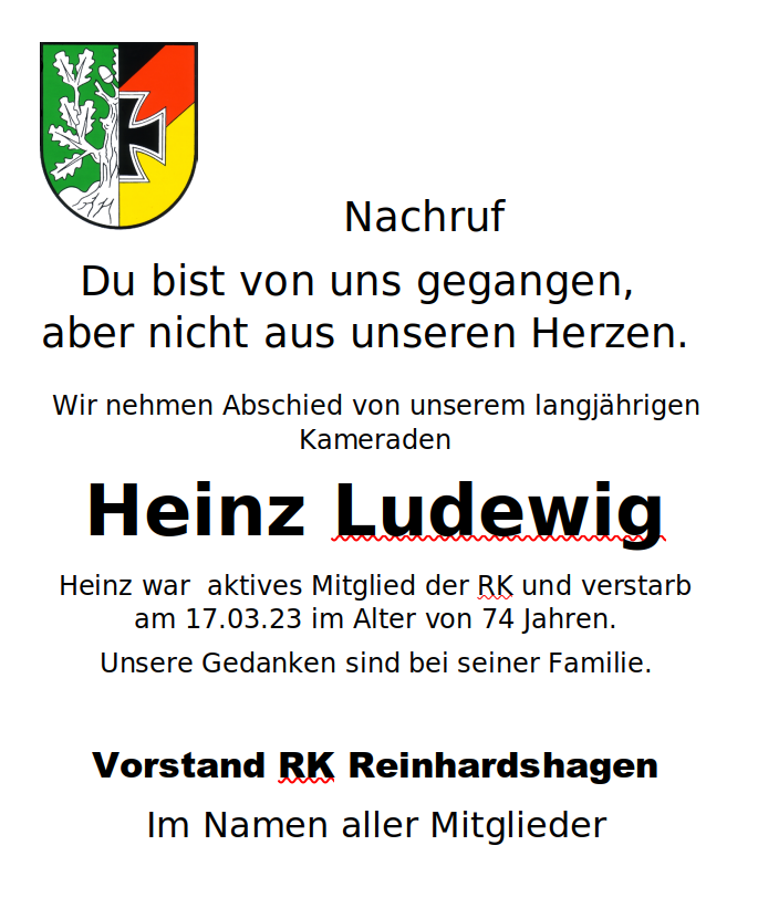Wir trauern um unseren verstorbenen Kameraden Heinz Ludewig.