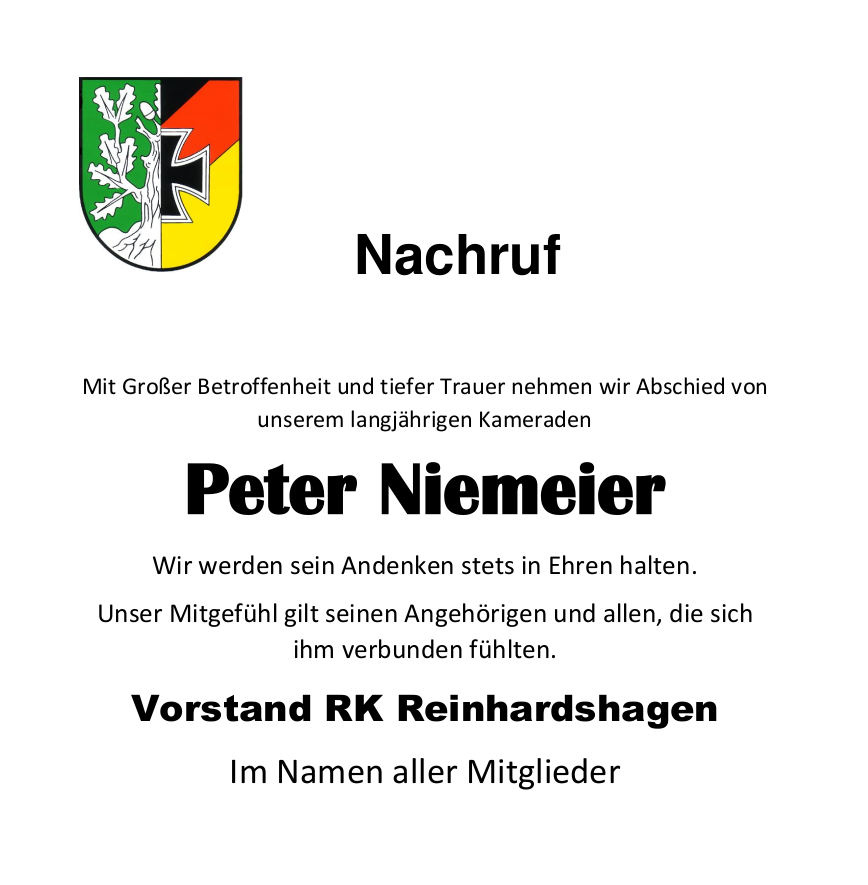 Wir trauern um unseren verstorbenen Kameraden Peter Niemeier.