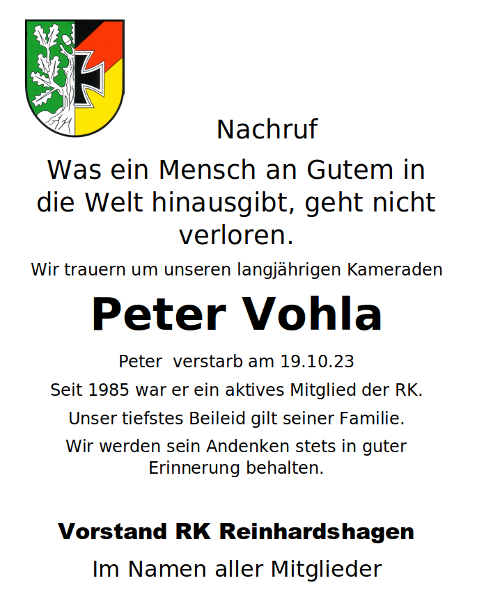 Wir trauern um unseren verstorbenen Kameraden Peter Vohla.